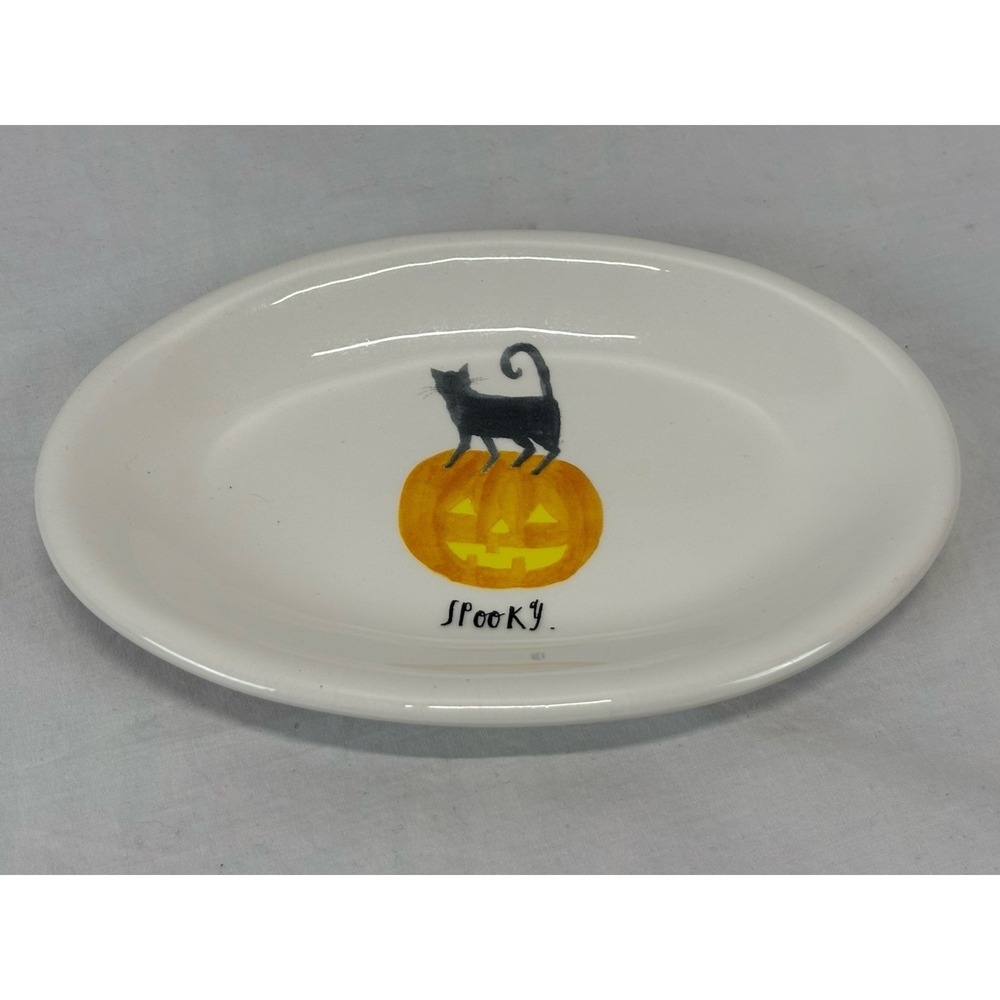 Rae Dunn Spooky Oval Plate Halloween Black Cat Pumpkin Magenta Collection